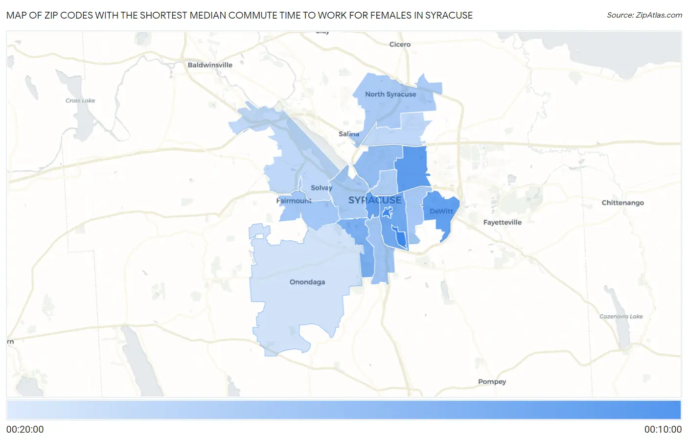 Zip Codes with the Shortest Median Commute Time to Work for Females in Syracuse Map
