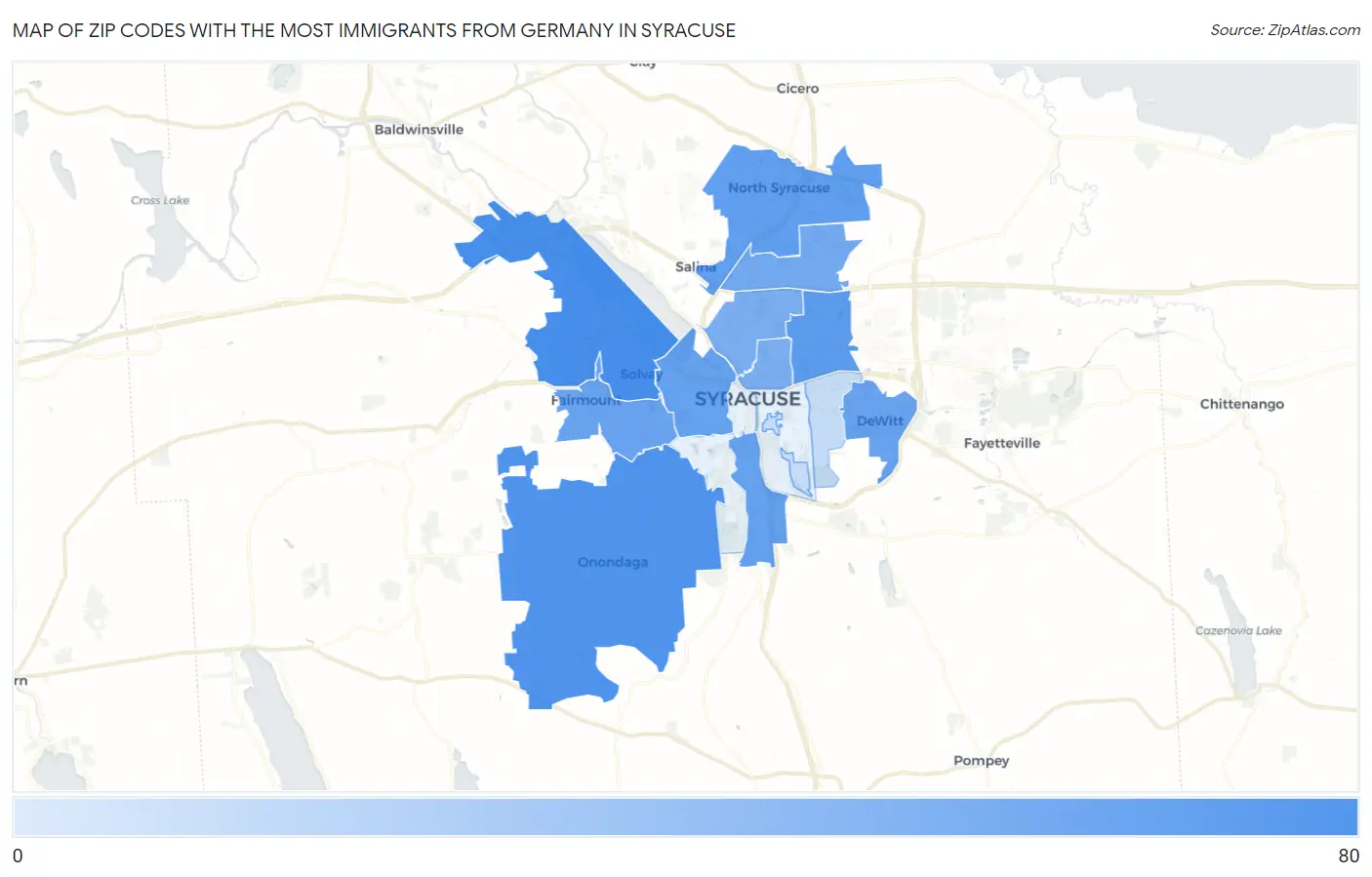 Zip Codes with the Most Immigrants from Germany in Syracuse Map