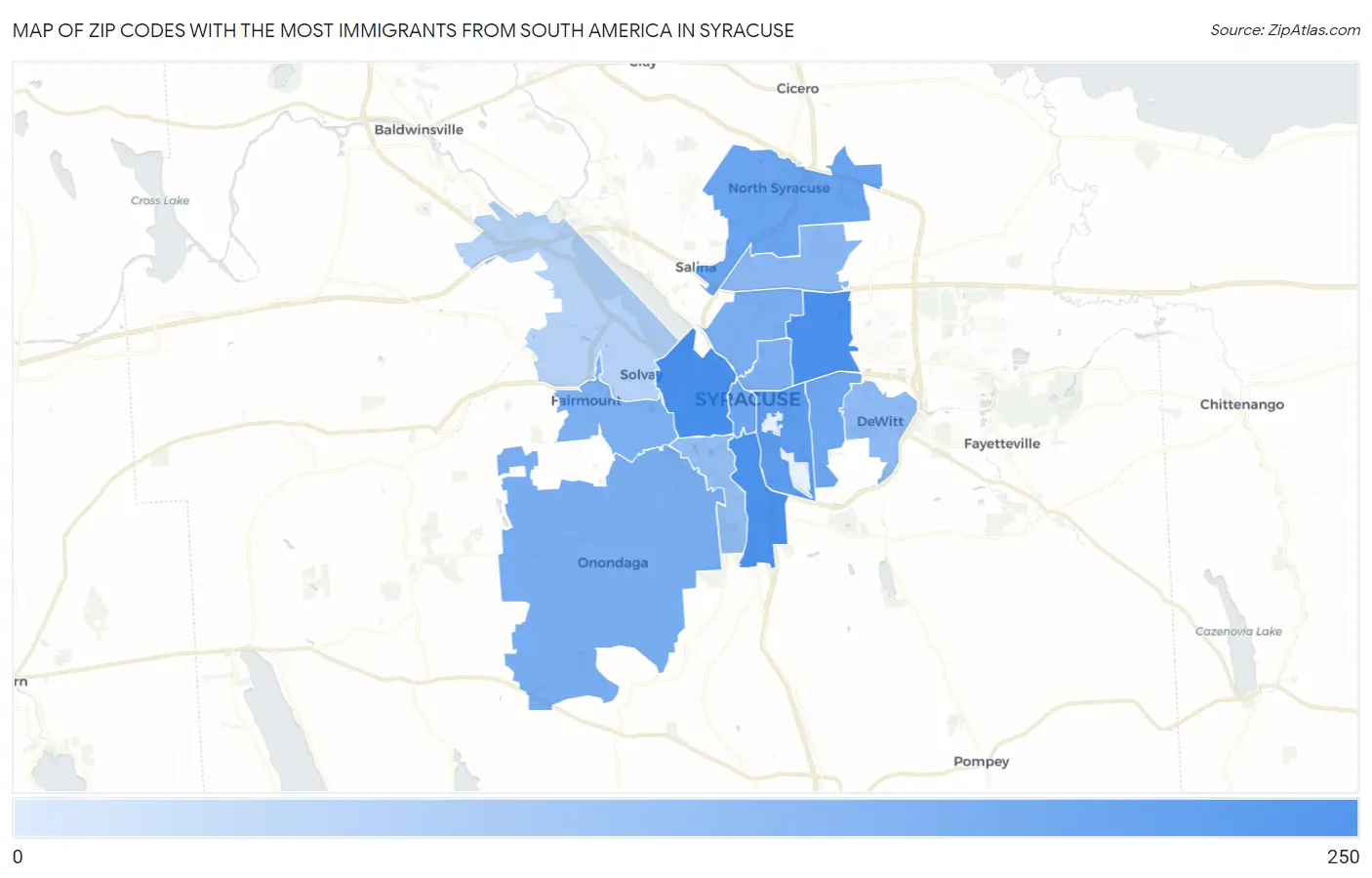Zip Codes with the Most Immigrants from South America in Syracuse Map