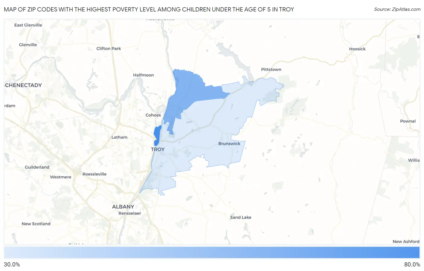 Zip Codes with the Highest Poverty Level Among Children Under the Age of 5 in Troy Map