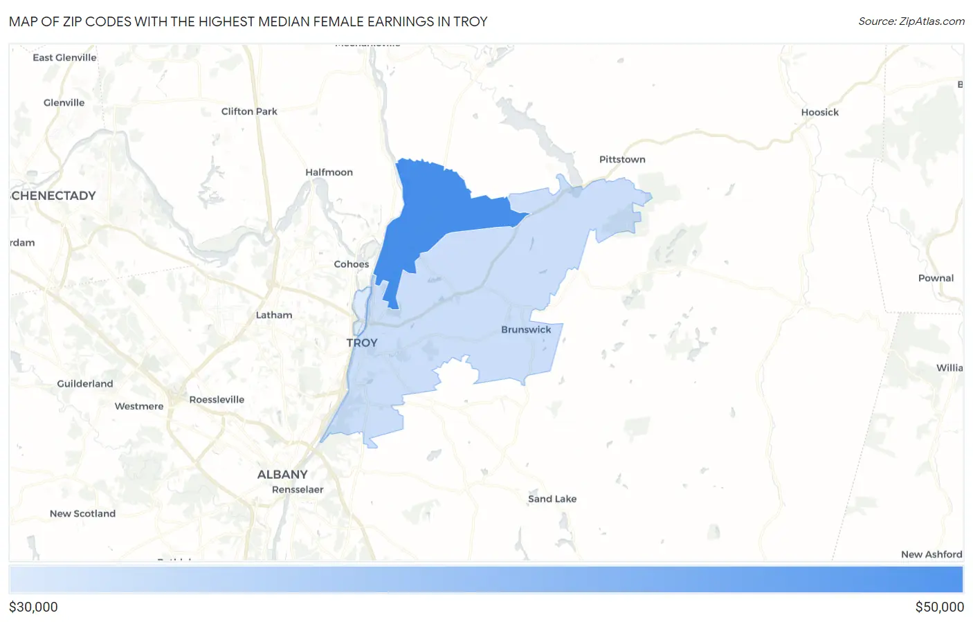 Zip Codes with the Highest Median Female Earnings in Troy Map