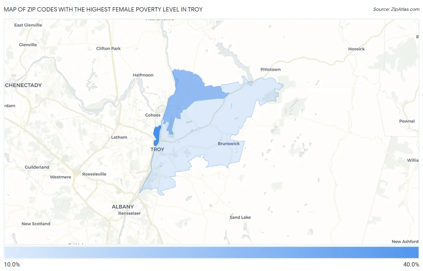 Zip Codes with the Highest Female Poverty Level in Troy Map