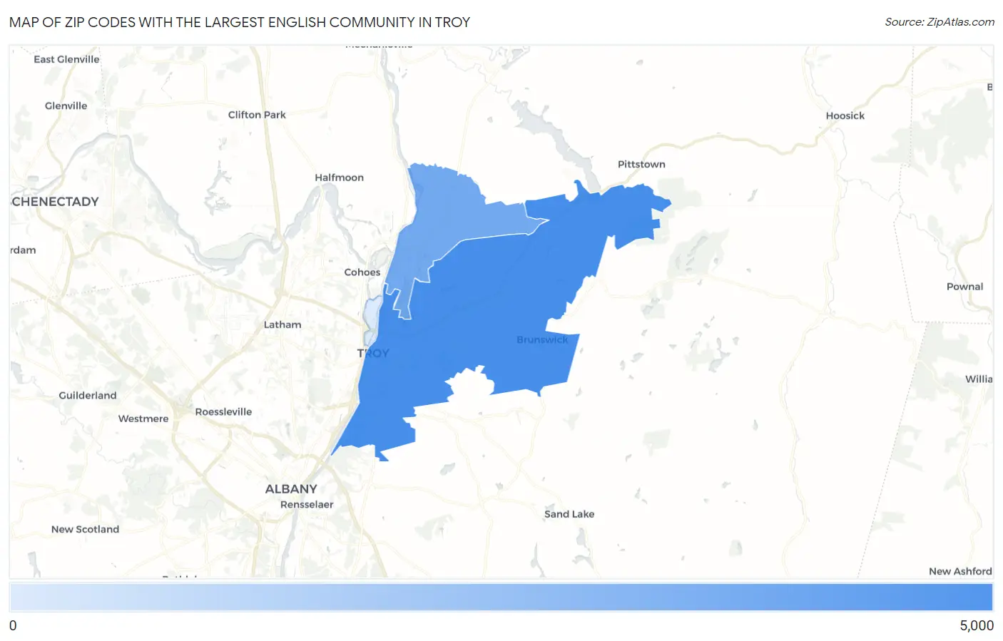 Zip Codes with the Largest English Community in Troy Map