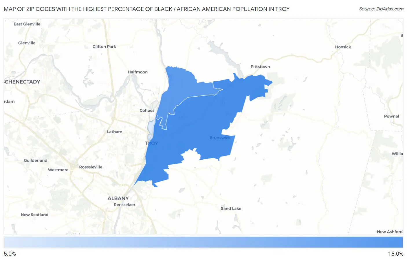 Zip Codes with the Highest Percentage of Black / African American Population in Troy Map