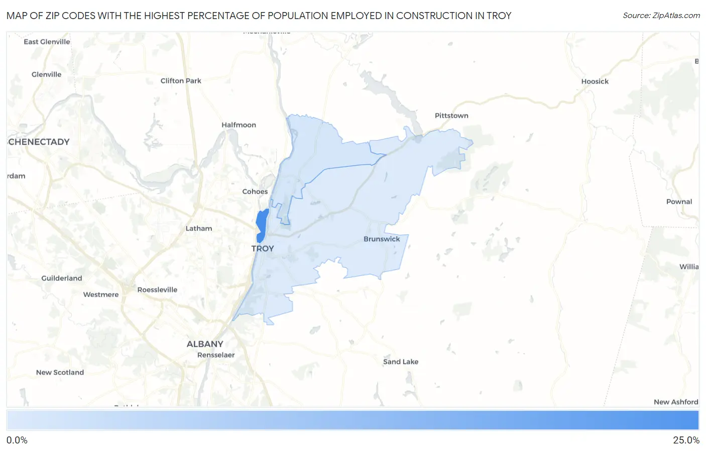 Zip Codes with the Highest Percentage of Population Employed in Construction in Troy Map