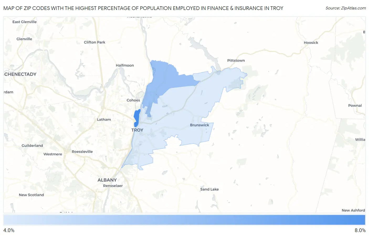 Zip Codes with the Highest Percentage of Population Employed in Finance & Insurance in Troy Map