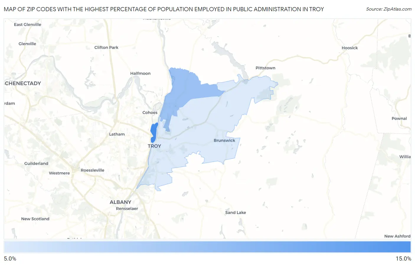 Zip Codes with the Highest Percentage of Population Employed in Public Administration in Troy Map