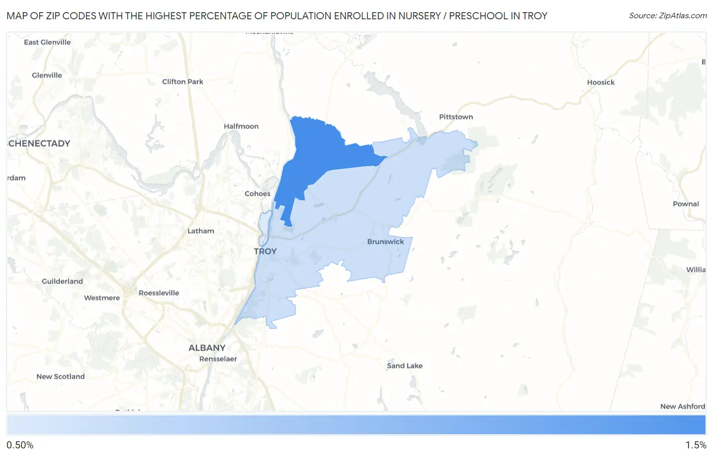 Zip Codes with the Highest Percentage of Population Enrolled in Nursery / Preschool in Troy Map