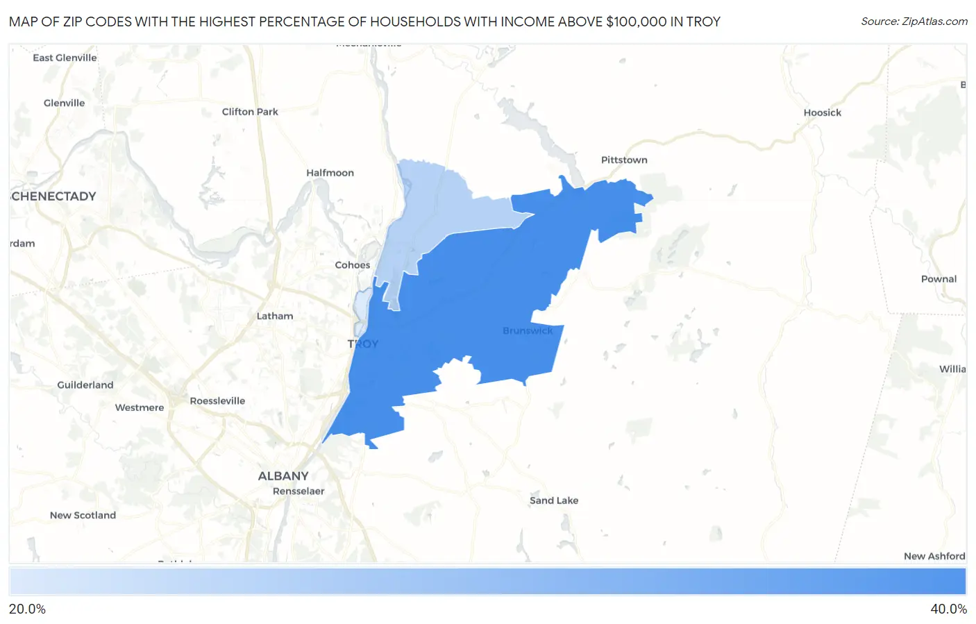 Zip Codes with the Highest Percentage of Households with Income Above $100,000 in Troy Map