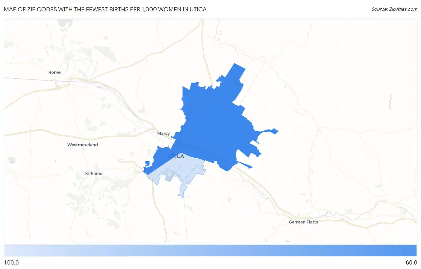 Zip Codes with the Fewest Births per 1,000 Women in Utica Map