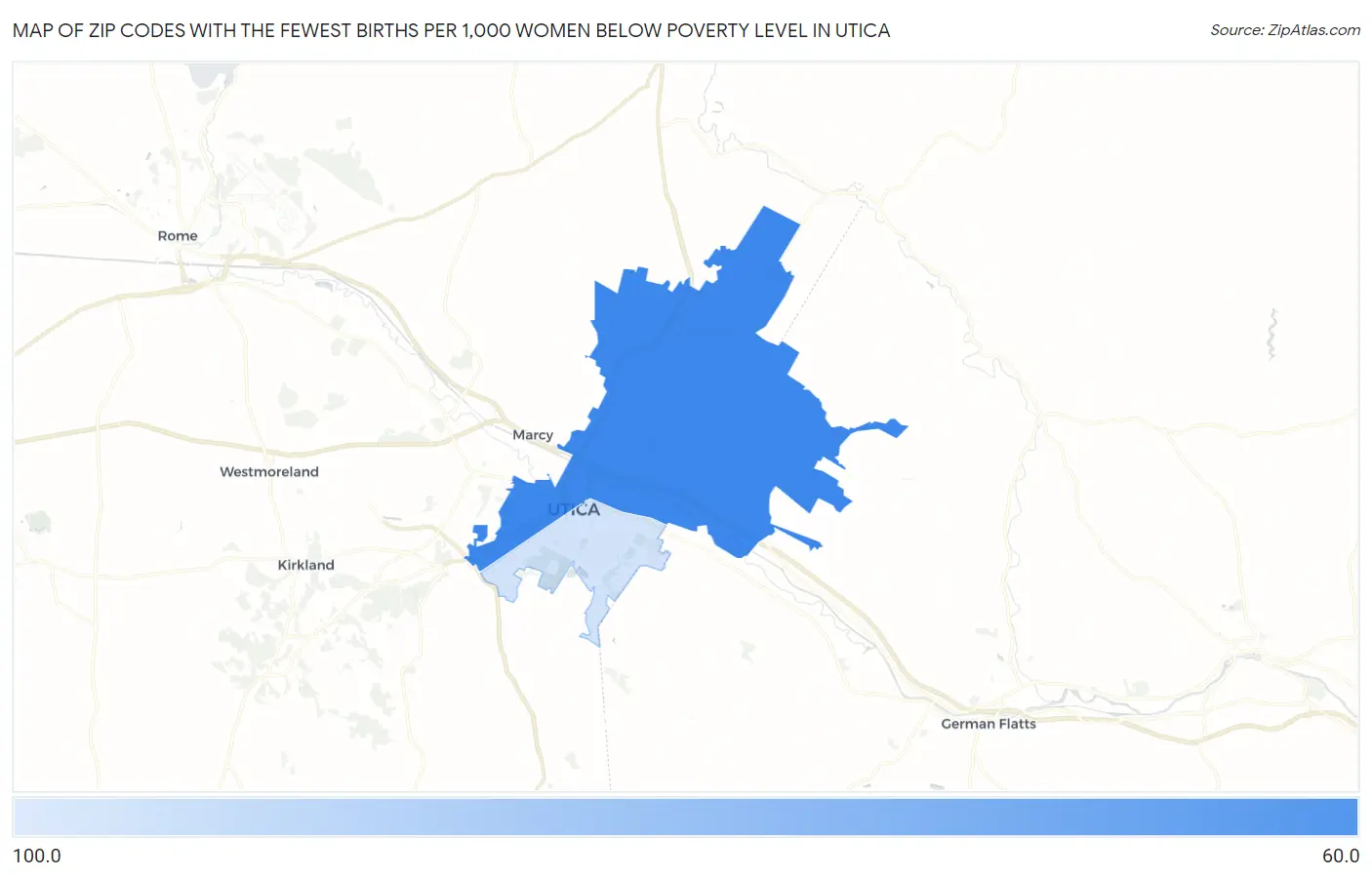 Zip Codes with the Fewest Births per 1,000 Women Below Poverty Level in Utica Map