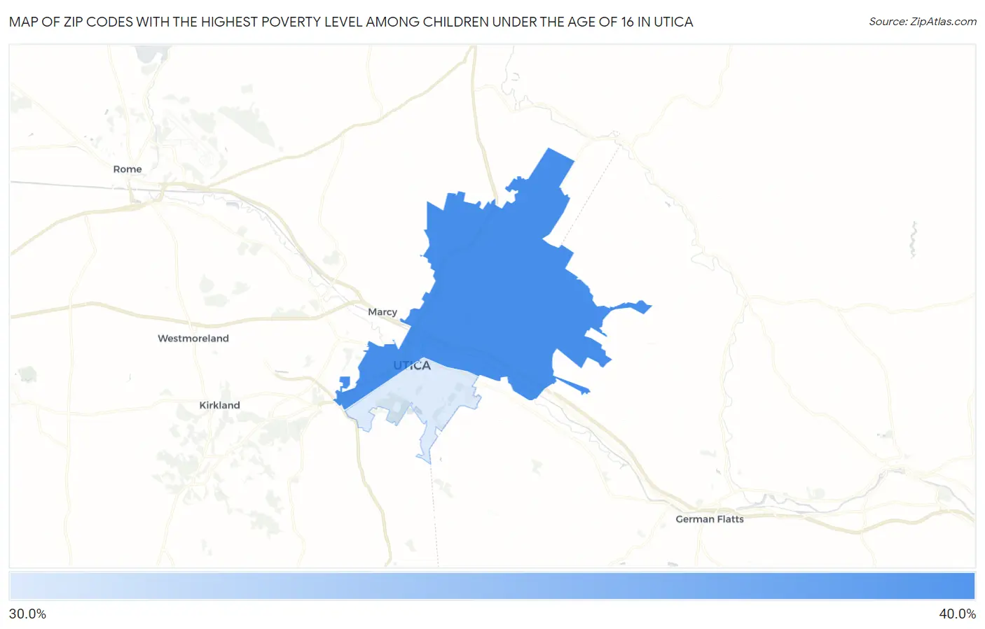 Zip Codes with the Highest Poverty Level Among Children Under the Age of 16 in Utica Map
