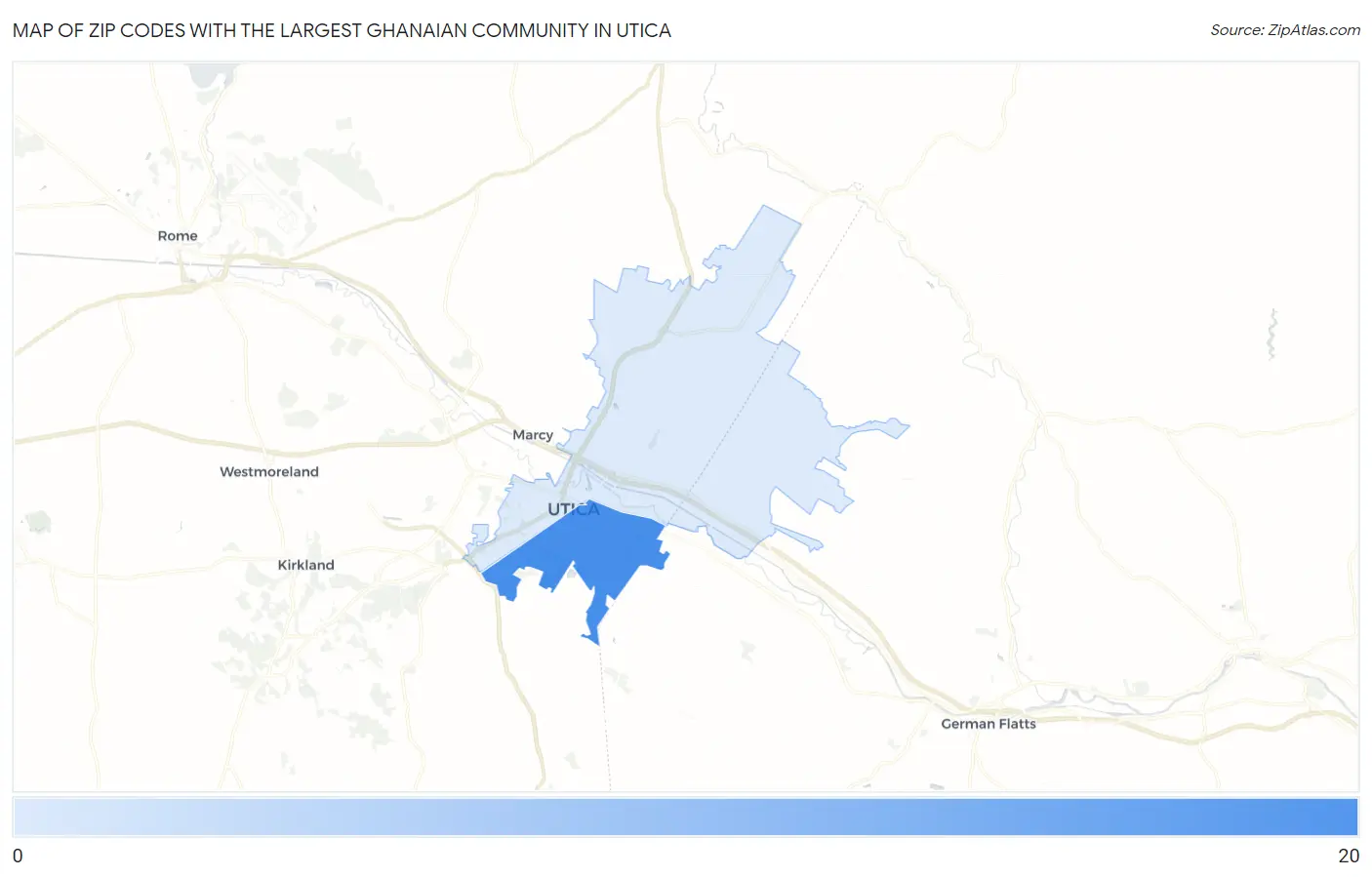 Zip Codes with the Largest Ghanaian Community in Utica Map