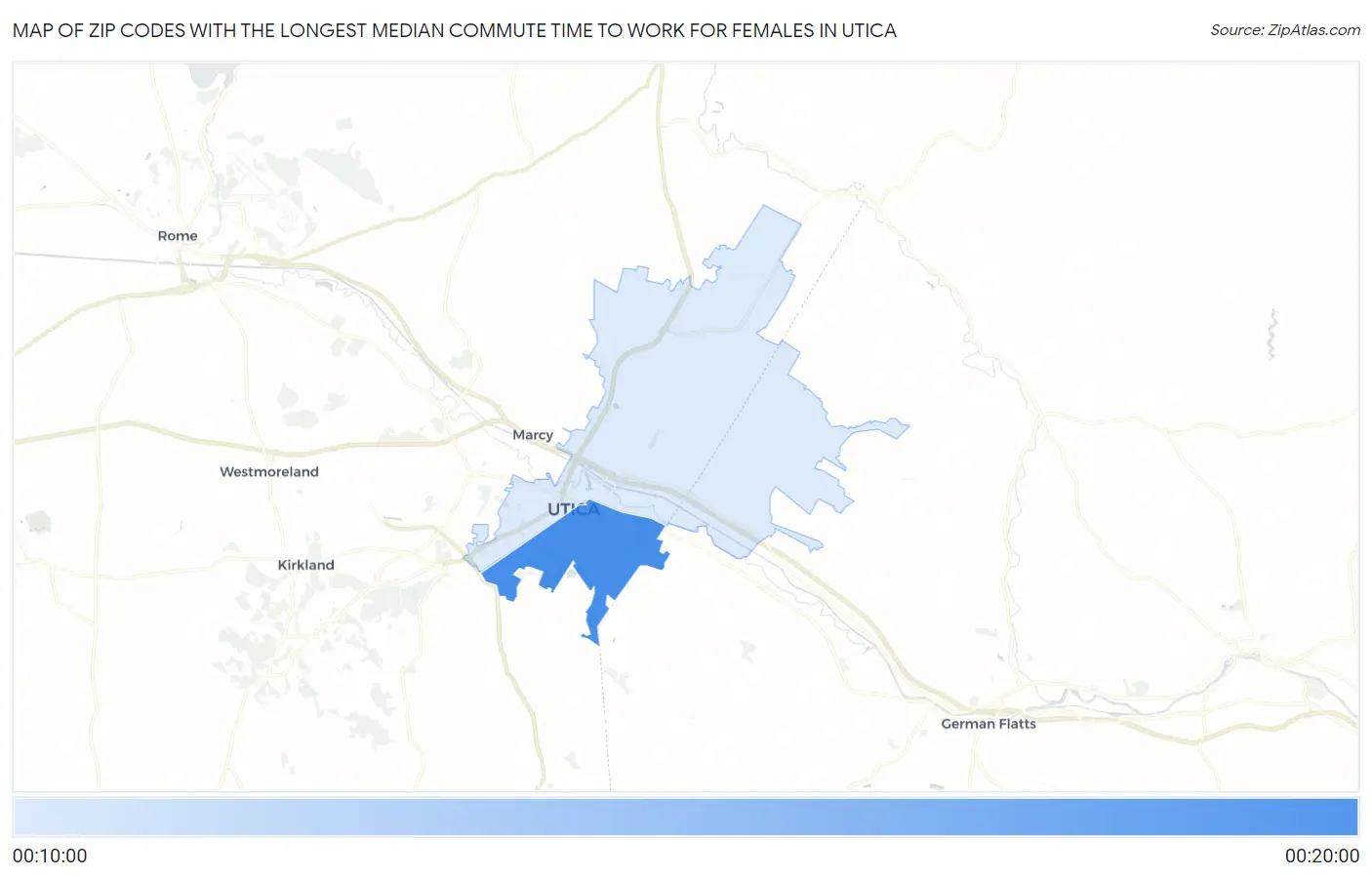 Zip Codes with the Longest Median Commute Time to Work for Females in Utica Map