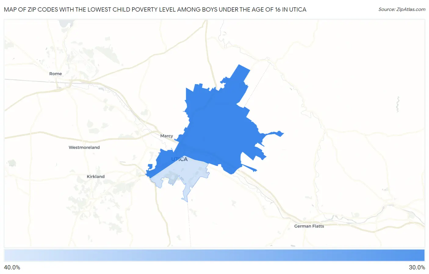 Zip Codes with the Lowest Child Poverty Level Among Boys Under the Age of 16 in Utica Map
