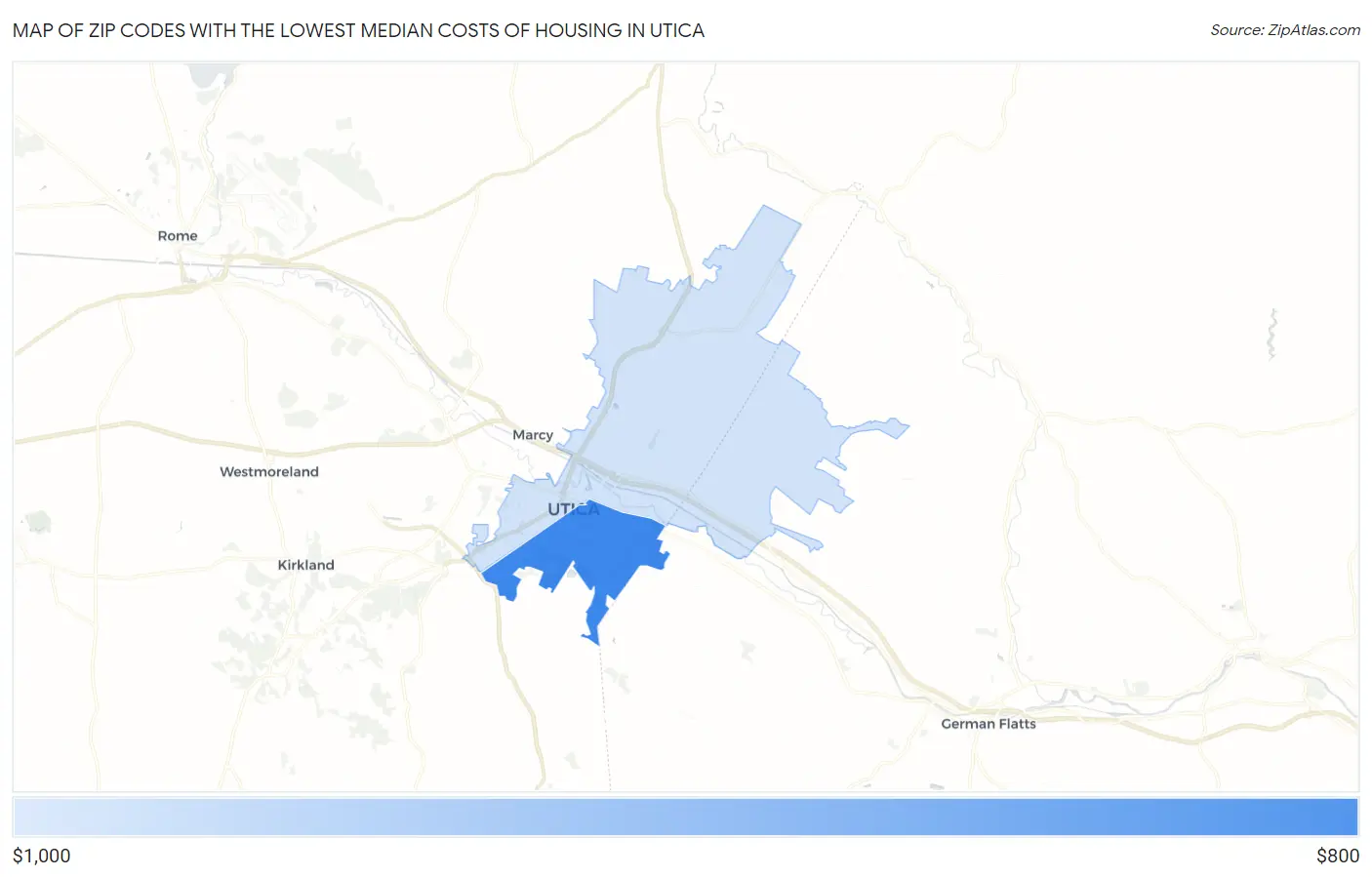 Zip Codes with the Lowest Median Costs of Housing in Utica Map