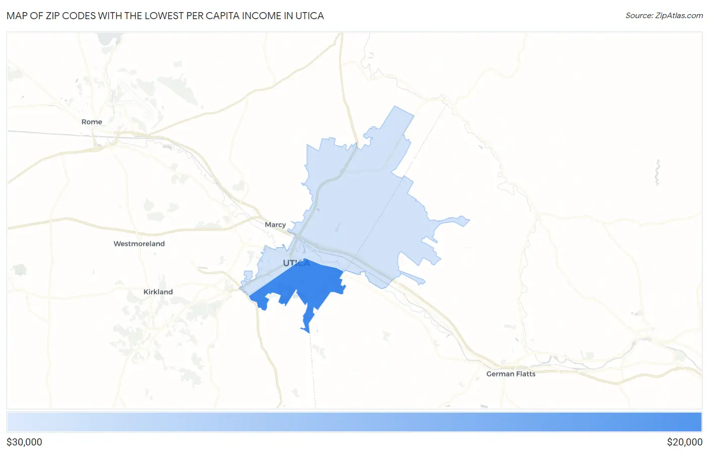 Zip Codes with the Lowest Per Capita Income in Utica Map