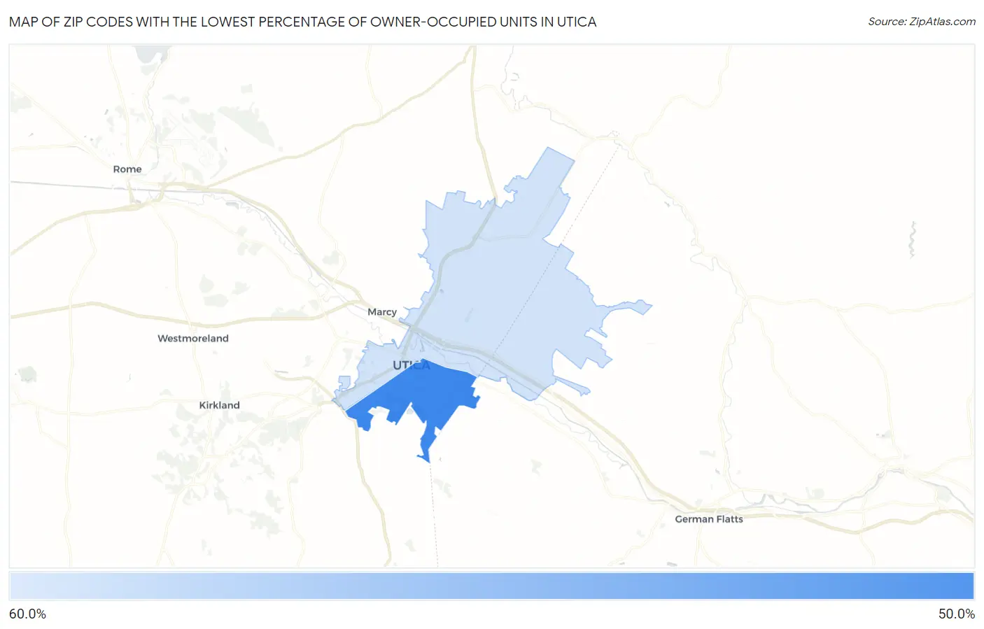 Zip Codes with the Lowest Percentage of Owner-Occupied Units in Utica Map