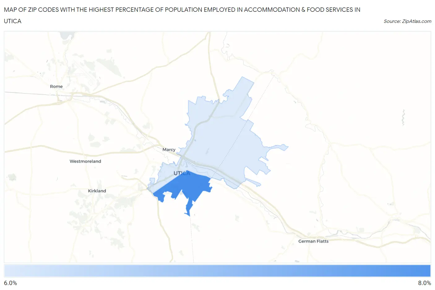 Zip Codes with the Highest Percentage of Population Employed in Accommodation & Food Services in Utica Map
