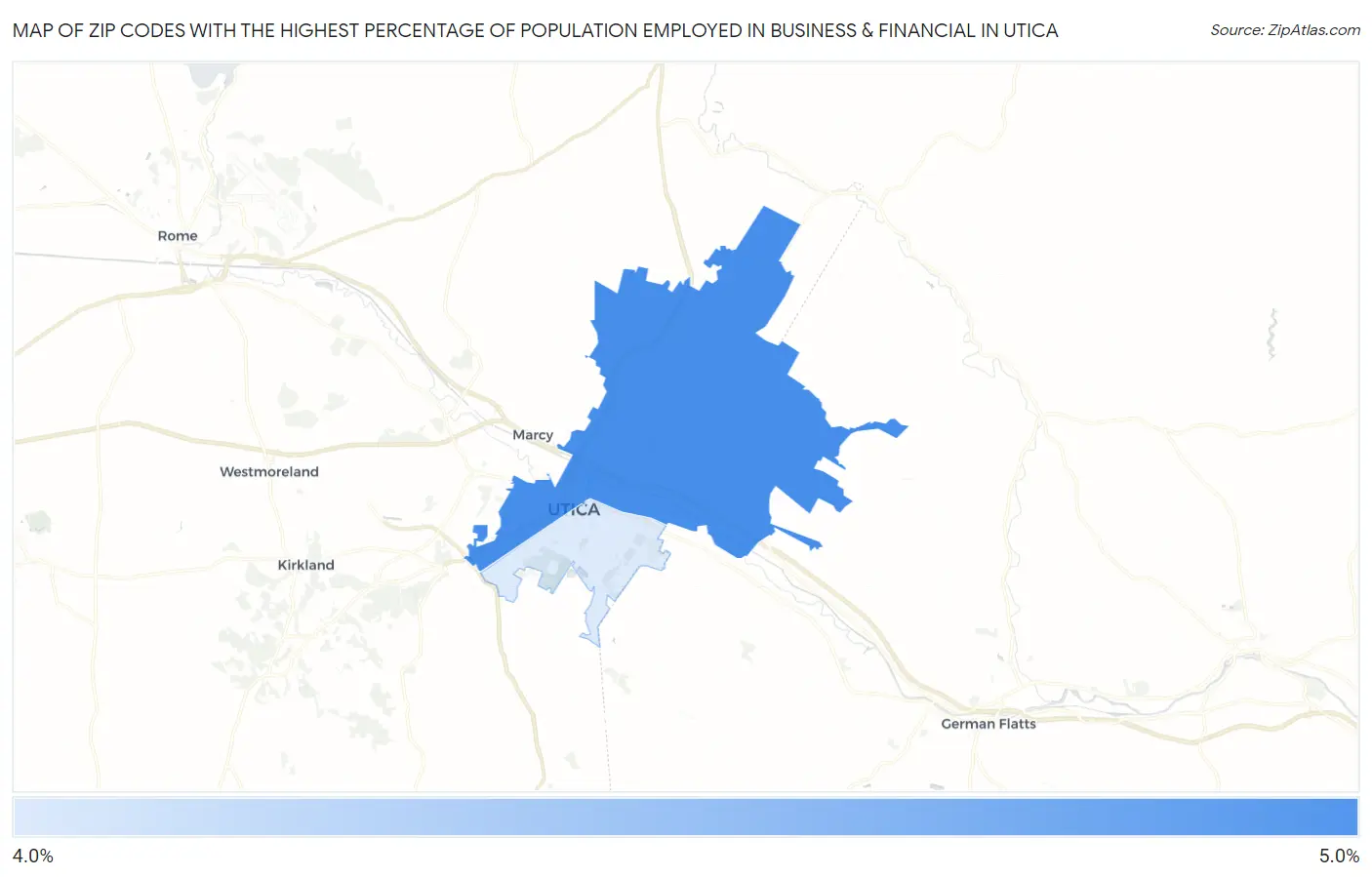Zip Codes with the Highest Percentage of Population Employed in Business & Financial in Utica Map