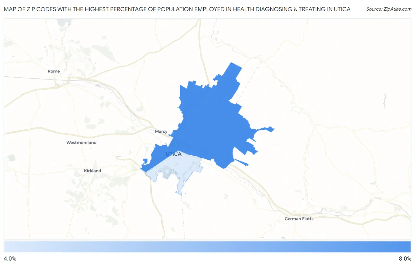 Zip Codes with the Highest Percentage of Population Employed in Health Diagnosing & Treating in Utica Map