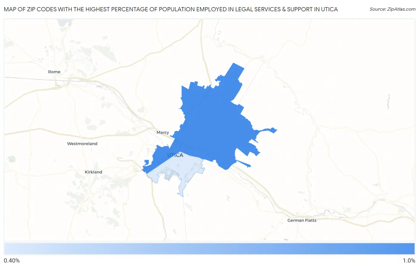 Zip Codes with the Highest Percentage of Population Employed in Legal Services & Support in Utica Map