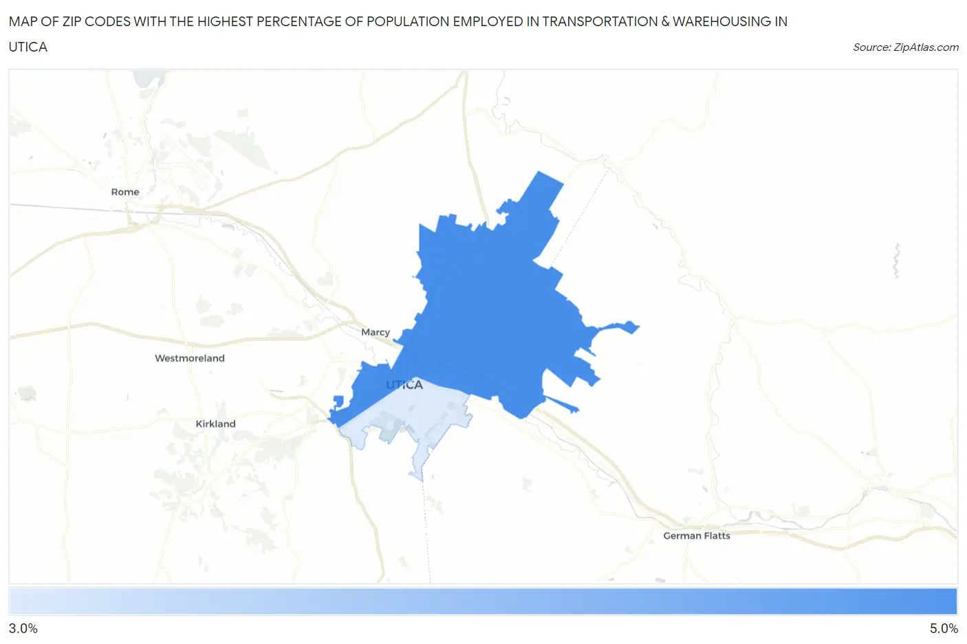 Zip Codes with the Highest Percentage of Population Employed in Transportation & Warehousing in Utica Map