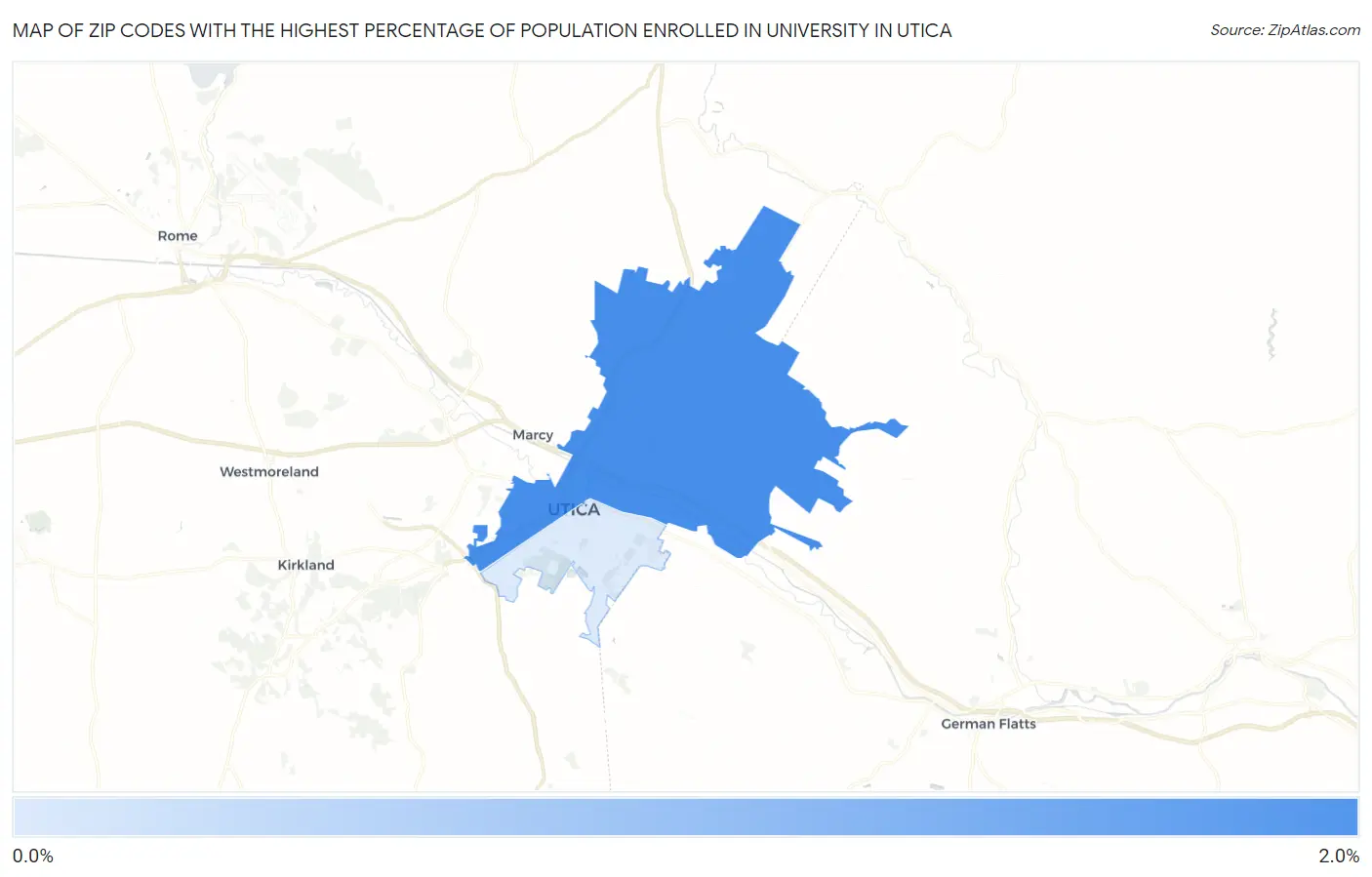 Zip Codes with the Highest Percentage of Population Enrolled in University in Utica Map