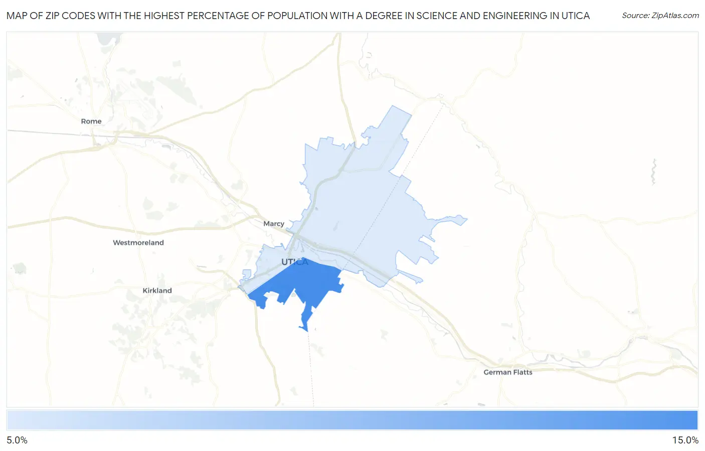 Zip Codes with the Highest Percentage of Population with a Degree in Science and Engineering in Utica Map