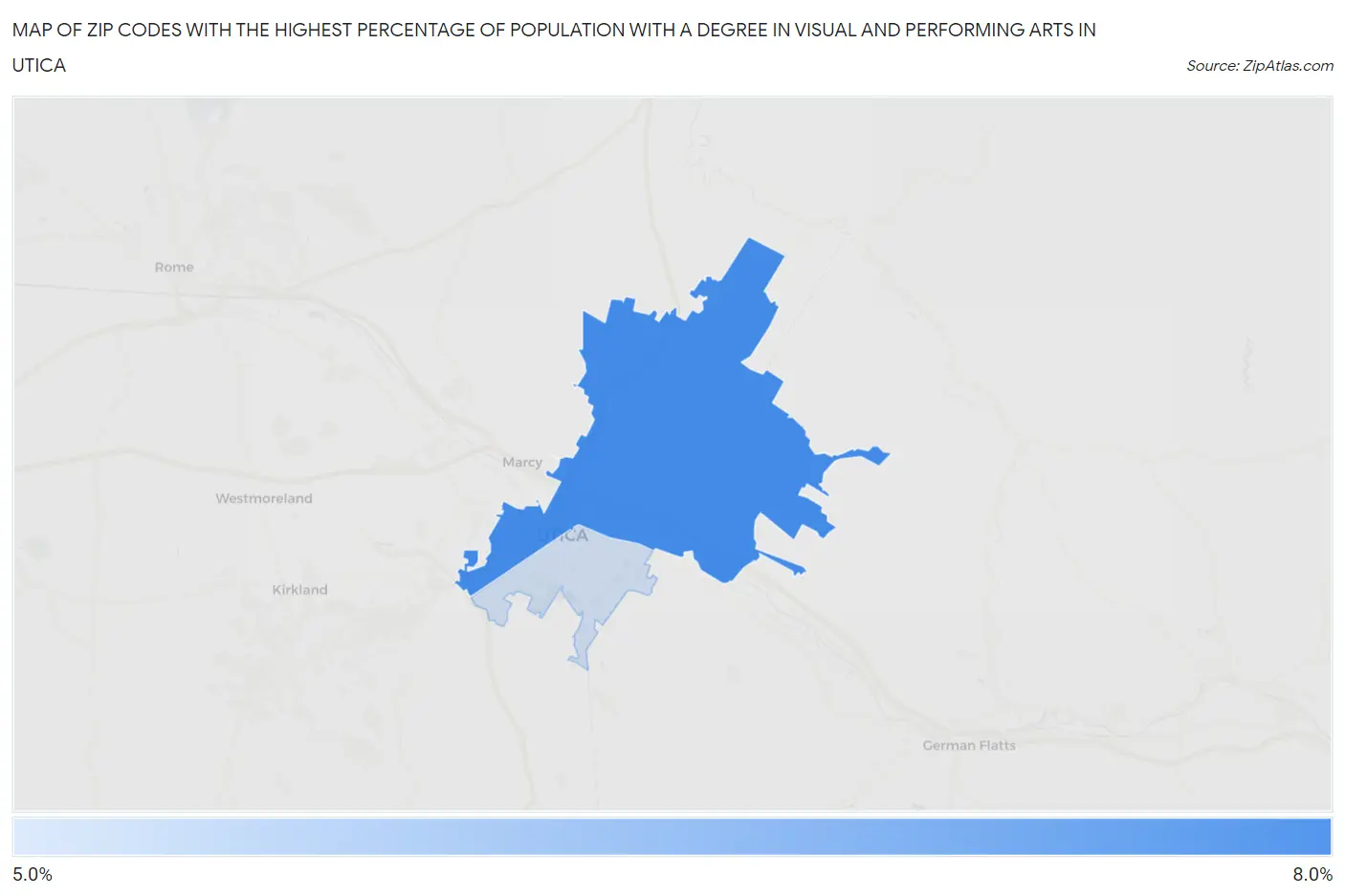 Zip Codes with the Highest Percentage of Population with a Degree in Visual and Performing Arts in Utica Map