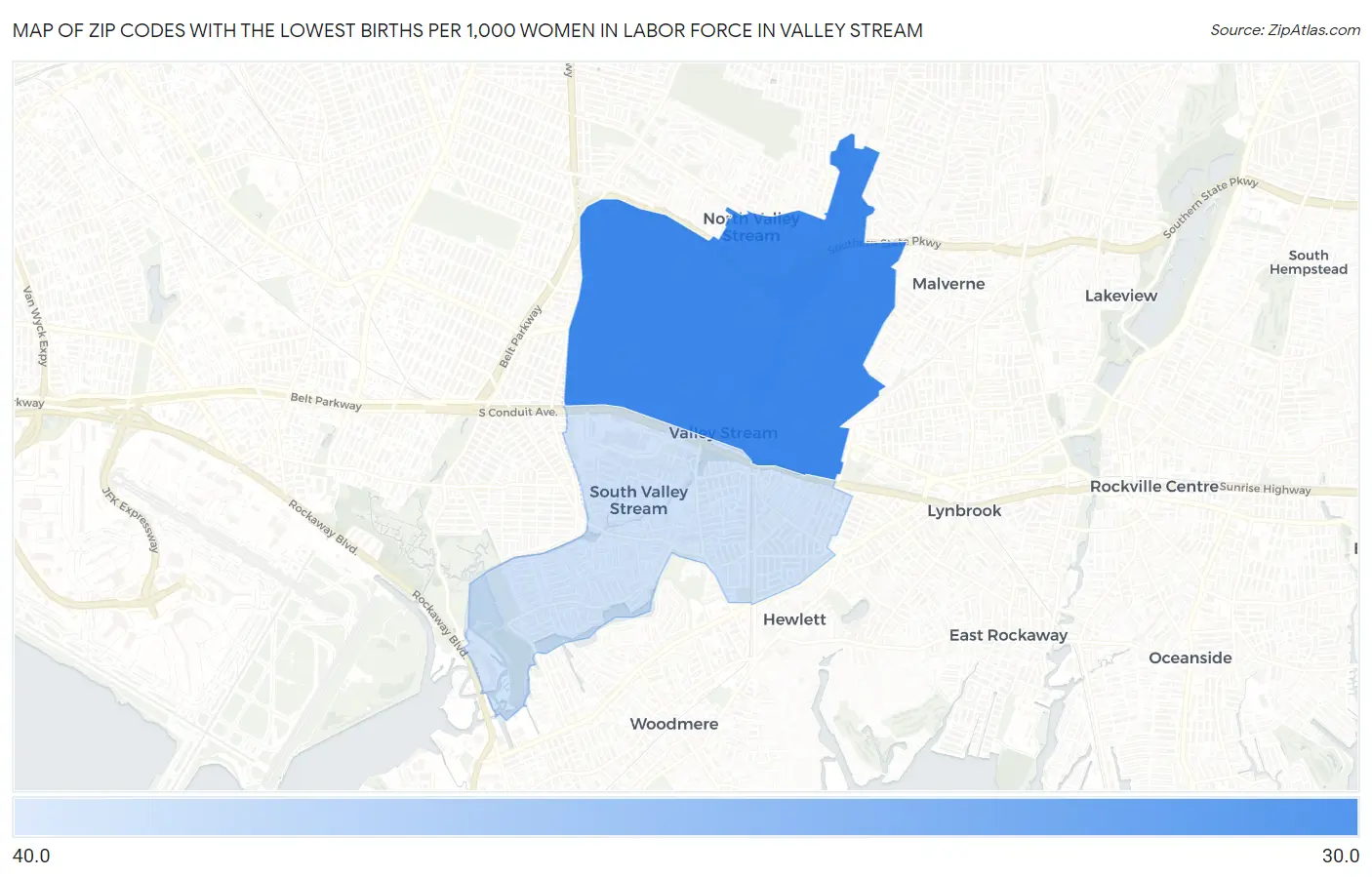 Zip Codes with the Lowest Births per 1,000 Women in Labor Force in Valley Stream Map