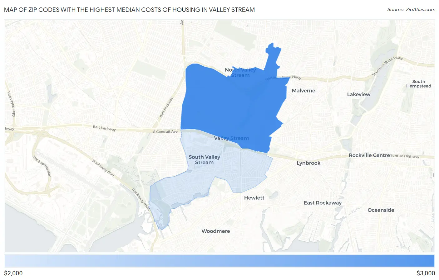 Zip Codes with the Highest Median Costs of Housing in Valley Stream Map