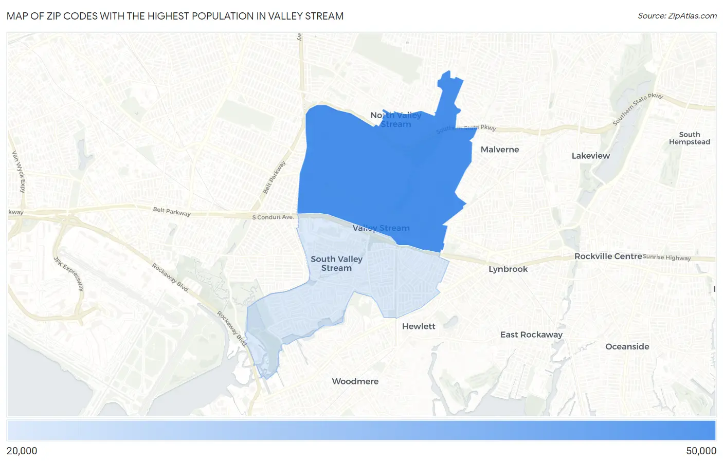 Zip Codes with the Highest Population in Valley Stream Map