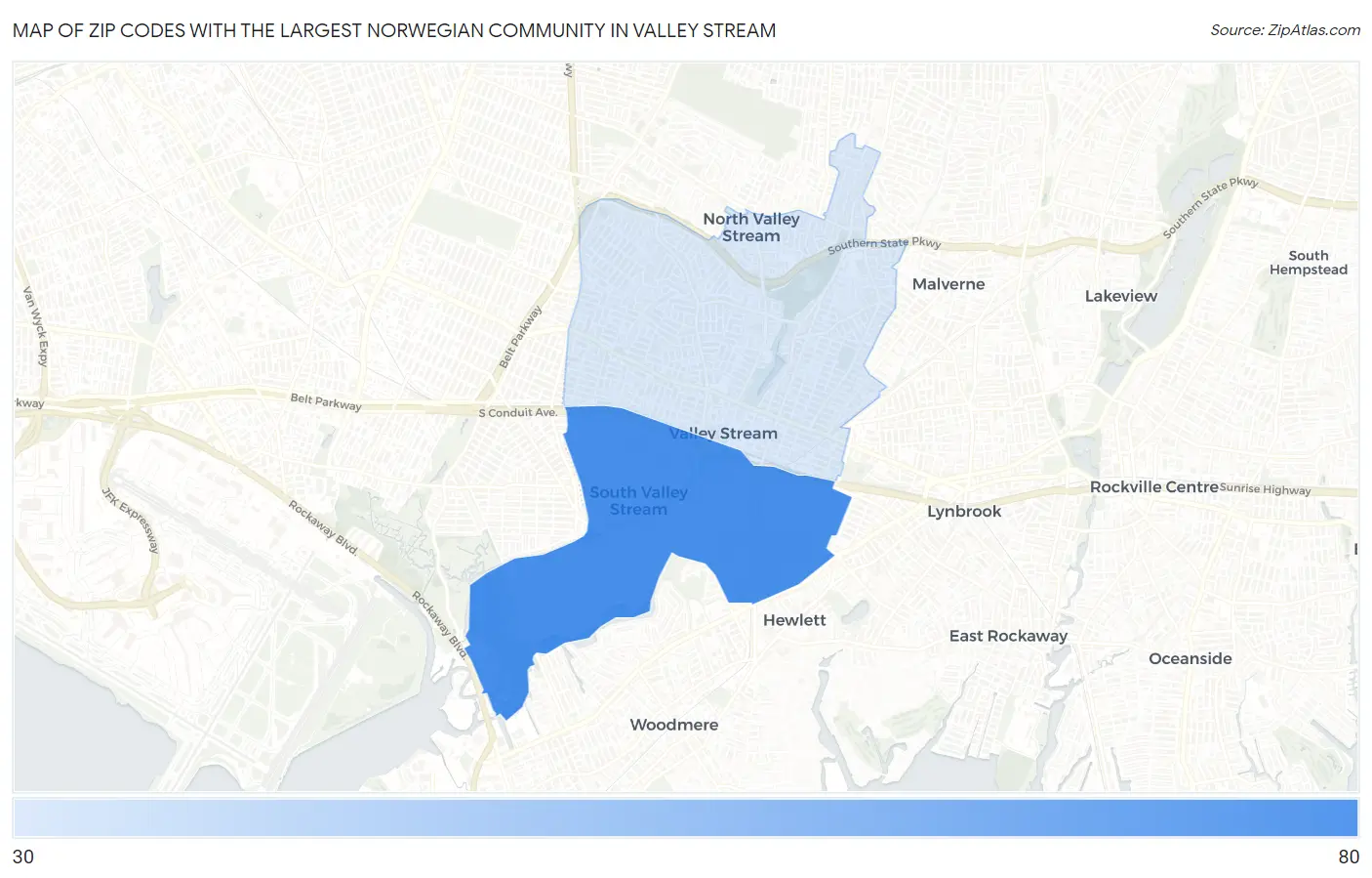 Zip Codes with the Largest Norwegian Community in Valley Stream Map