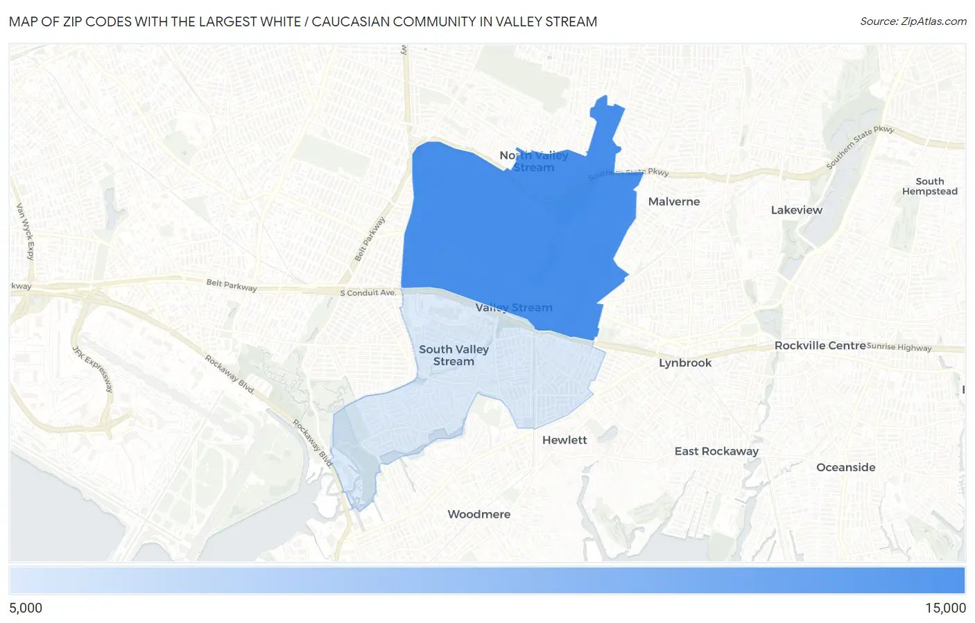 Zip Codes with the Largest White / Caucasian Community in Valley Stream Map