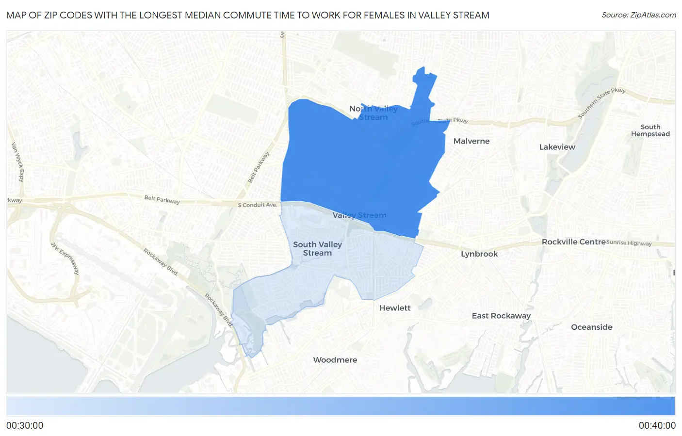 Zip Codes with the Longest Median Commute Time to Work for Females in Valley Stream Map