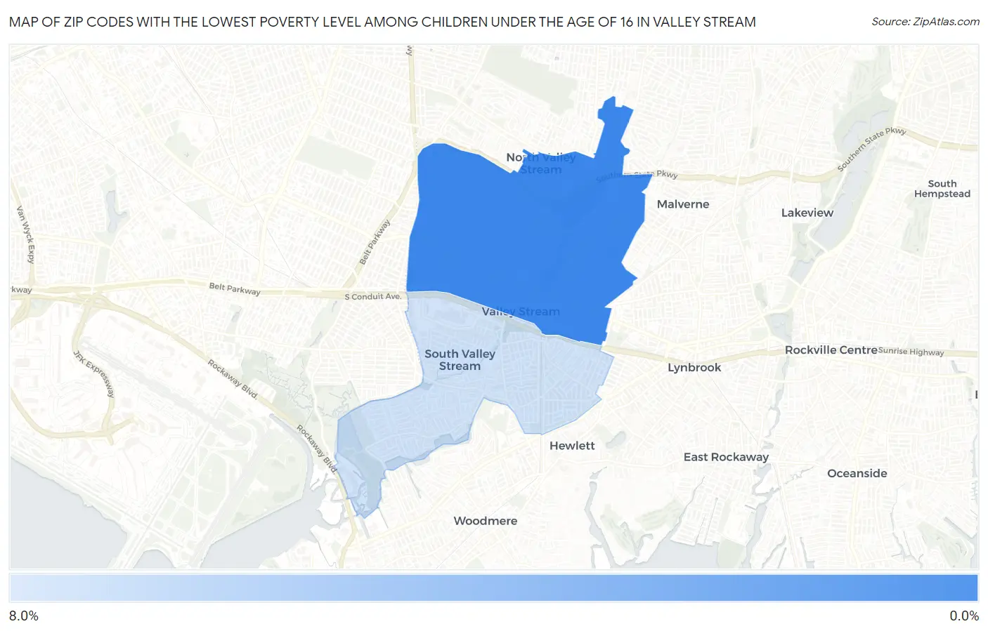 Zip Codes with the Lowest Poverty Level Among Children Under the Age of 16 in Valley Stream Map