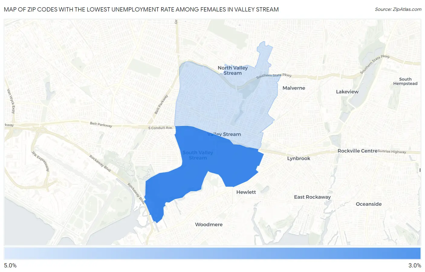 Zip Codes with the Lowest Unemployment Rate Among Females in Valley Stream Map