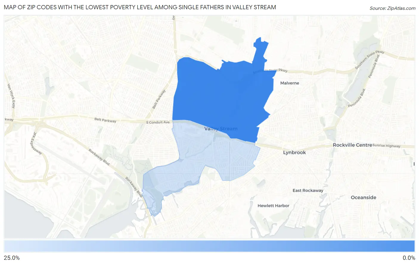 Zip Codes with the Lowest Poverty Level Among Single Fathers in Valley Stream Map