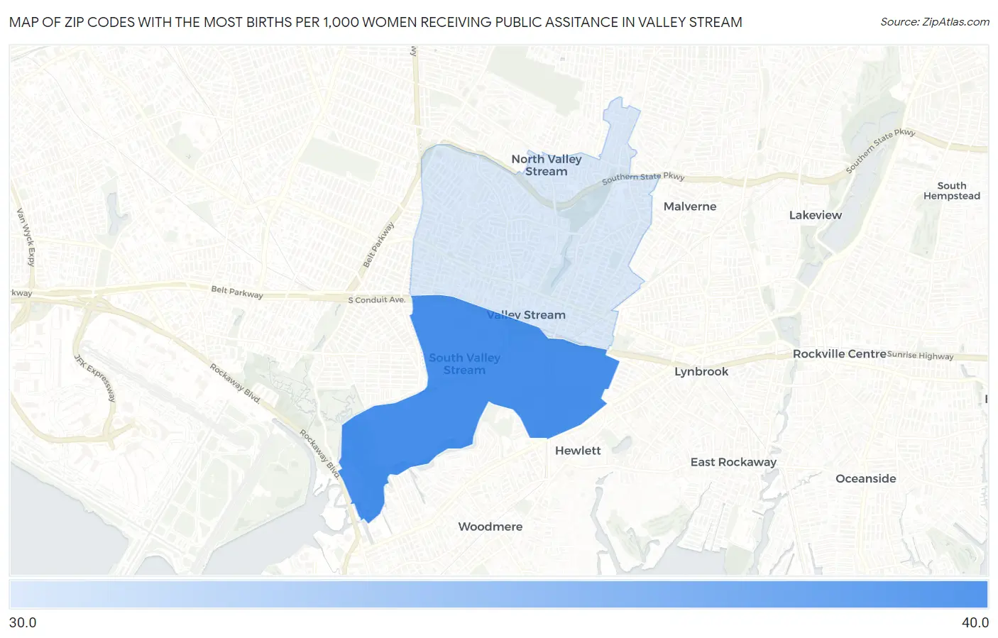 Zip Codes with the Most Births per 1,000 Women Receiving Public Assitance in Valley Stream Map