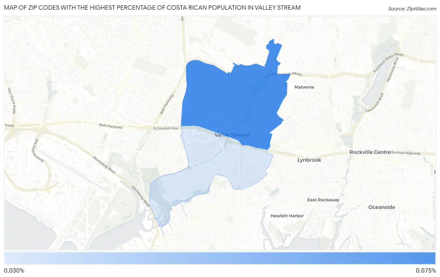 Zip Codes with the Highest Percentage of Costa Rican Population in Valley Stream Map