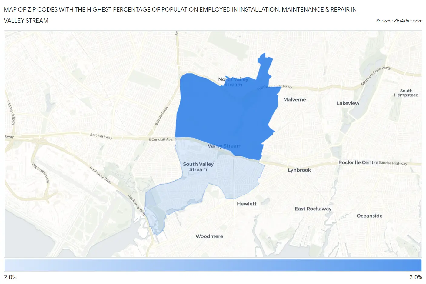 Zip Codes with the Highest Percentage of Population Employed in Installation, Maintenance & Repair in Valley Stream Map