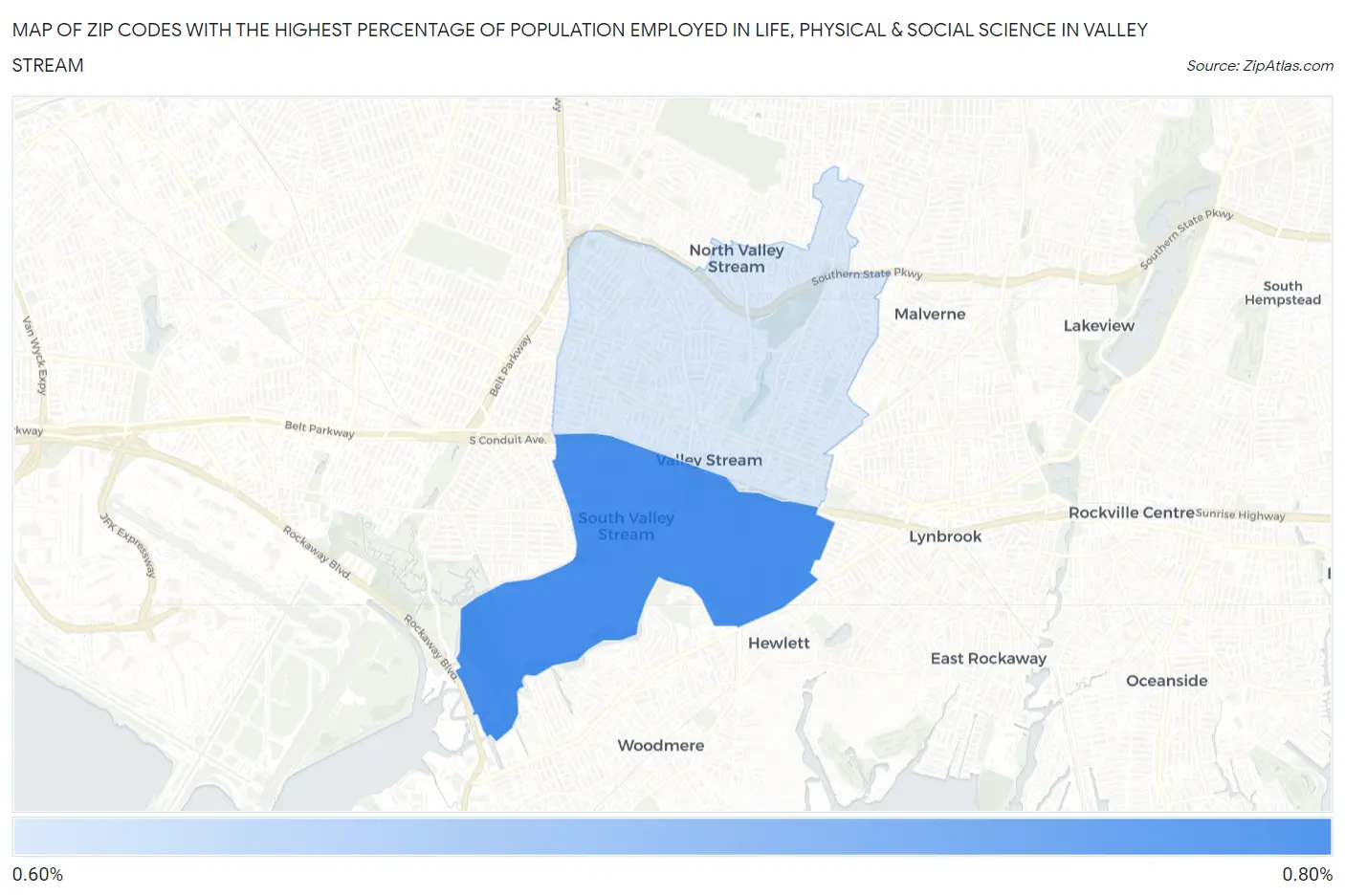 Zip Codes with the Highest Percentage of Population Employed in Life, Physical & Social Science in Valley Stream Map