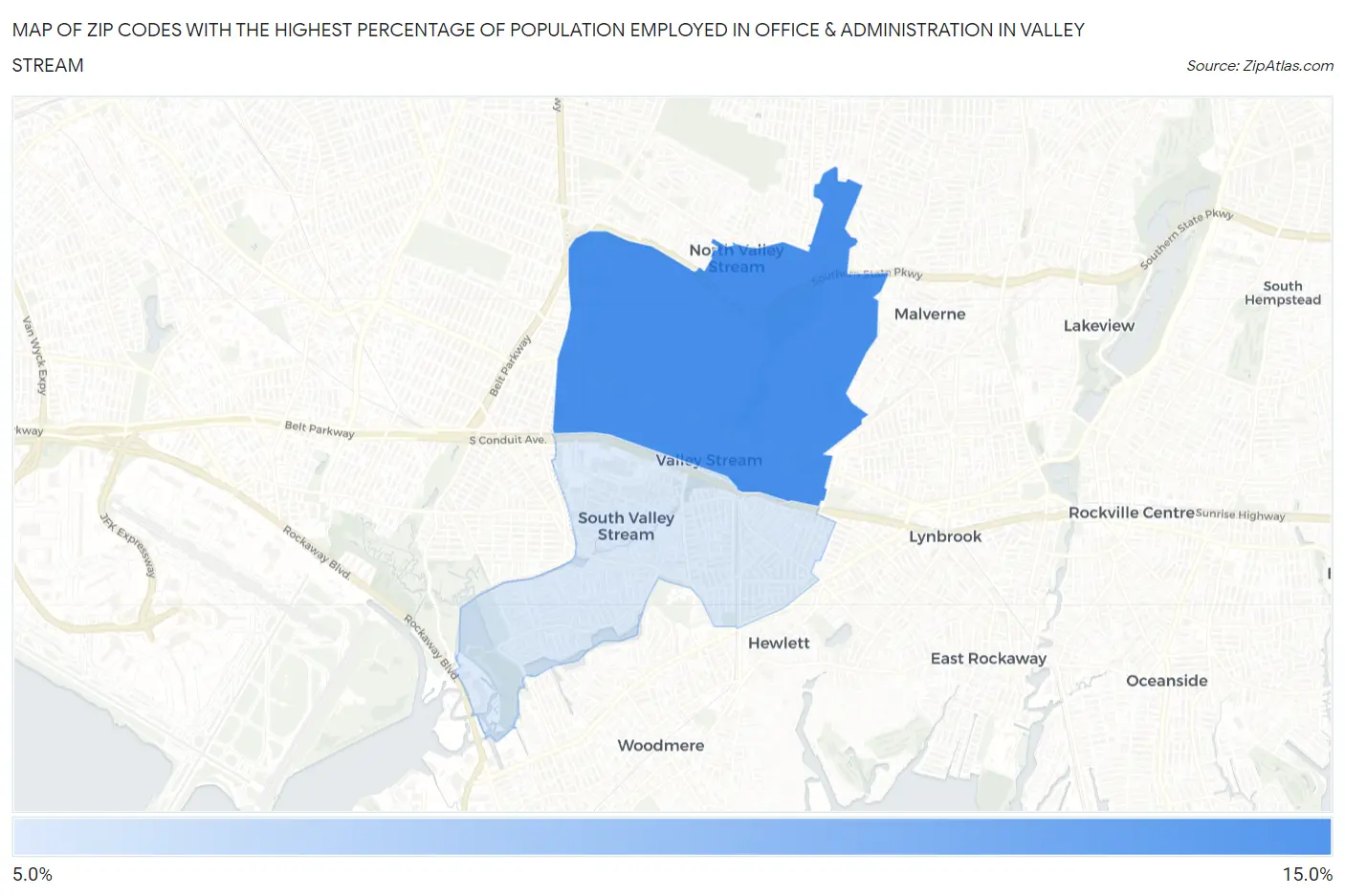 Zip Codes with the Highest Percentage of Population Employed in Office & Administration in Valley Stream Map