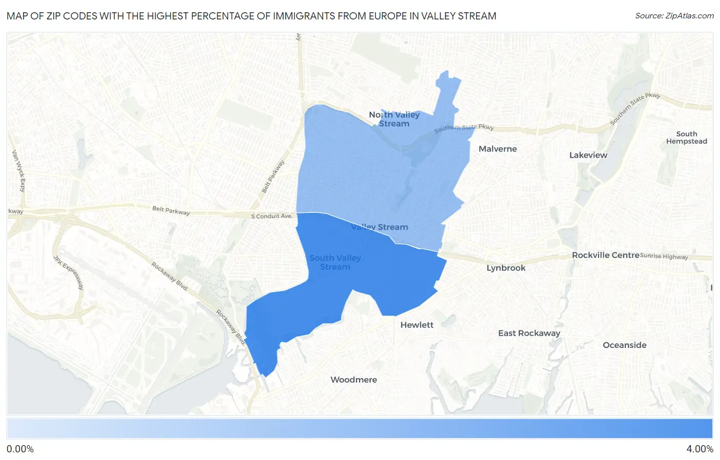 Zip Codes with the Highest Percentage of Immigrants from Europe in Valley Stream Map