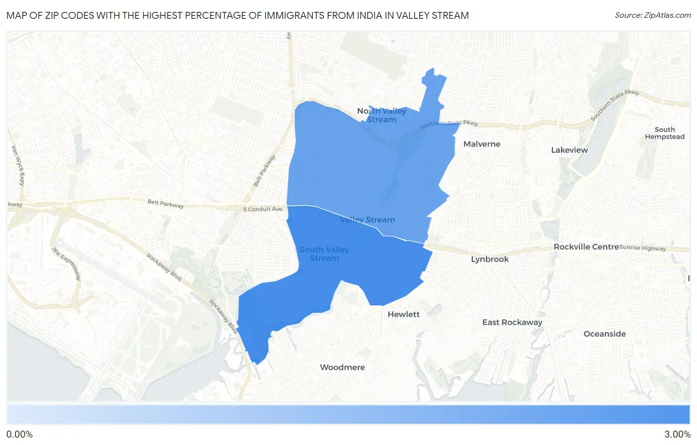 Zip Codes with the Highest Percentage of Immigrants from India in Valley Stream Map