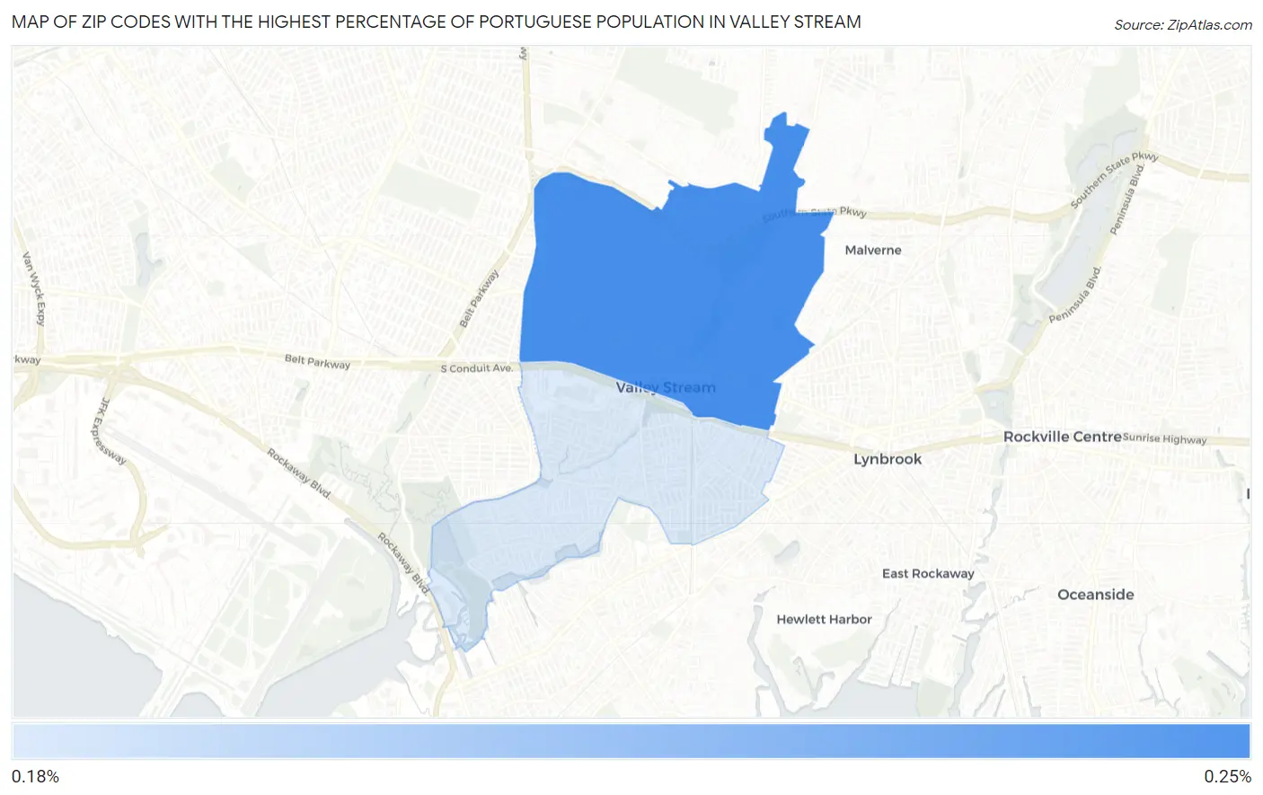 Zip Codes with the Highest Percentage of Portuguese Population in Valley Stream Map
