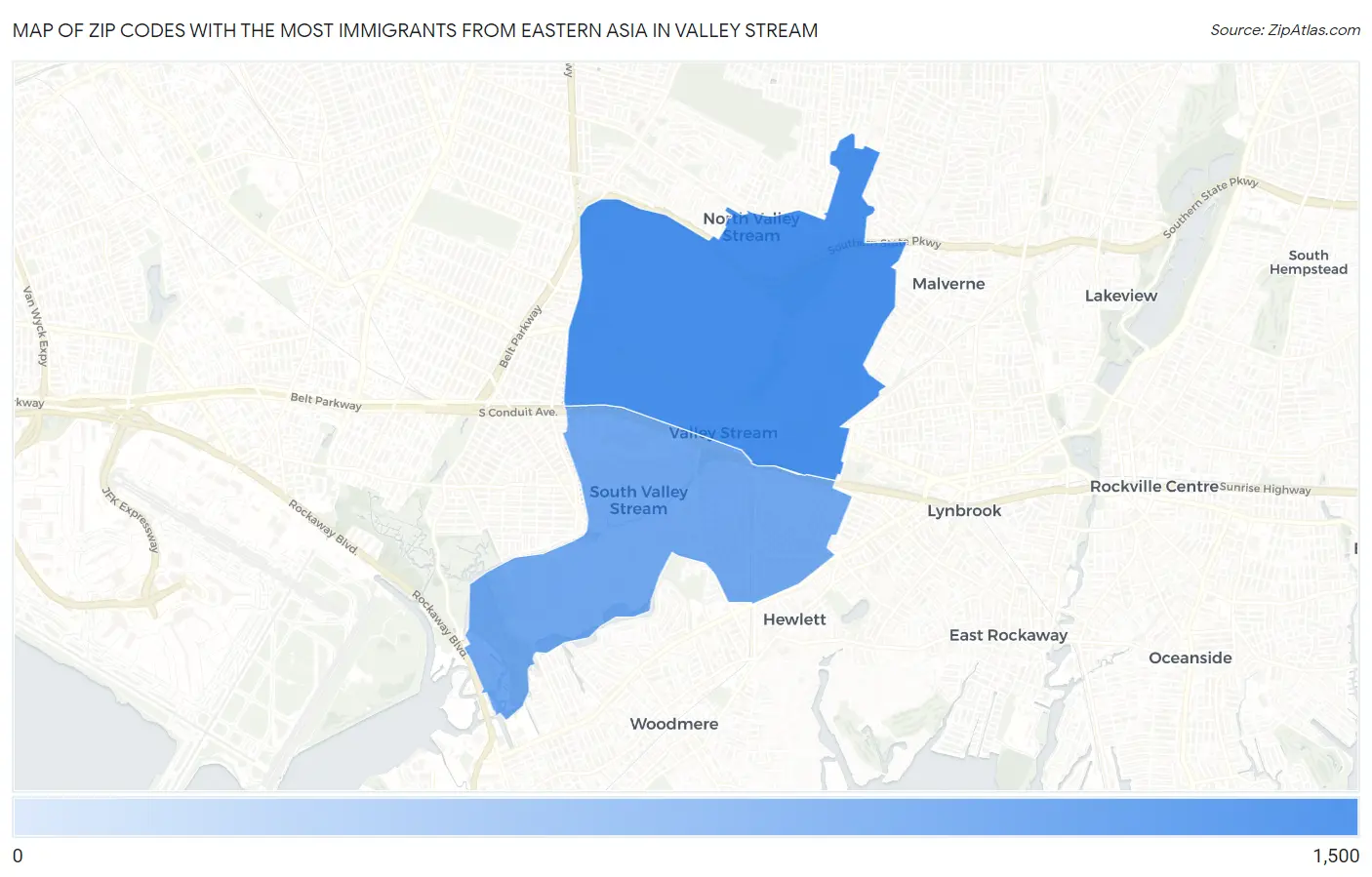 Zip Codes with the Most Immigrants from Eastern Asia in Valley Stream Map