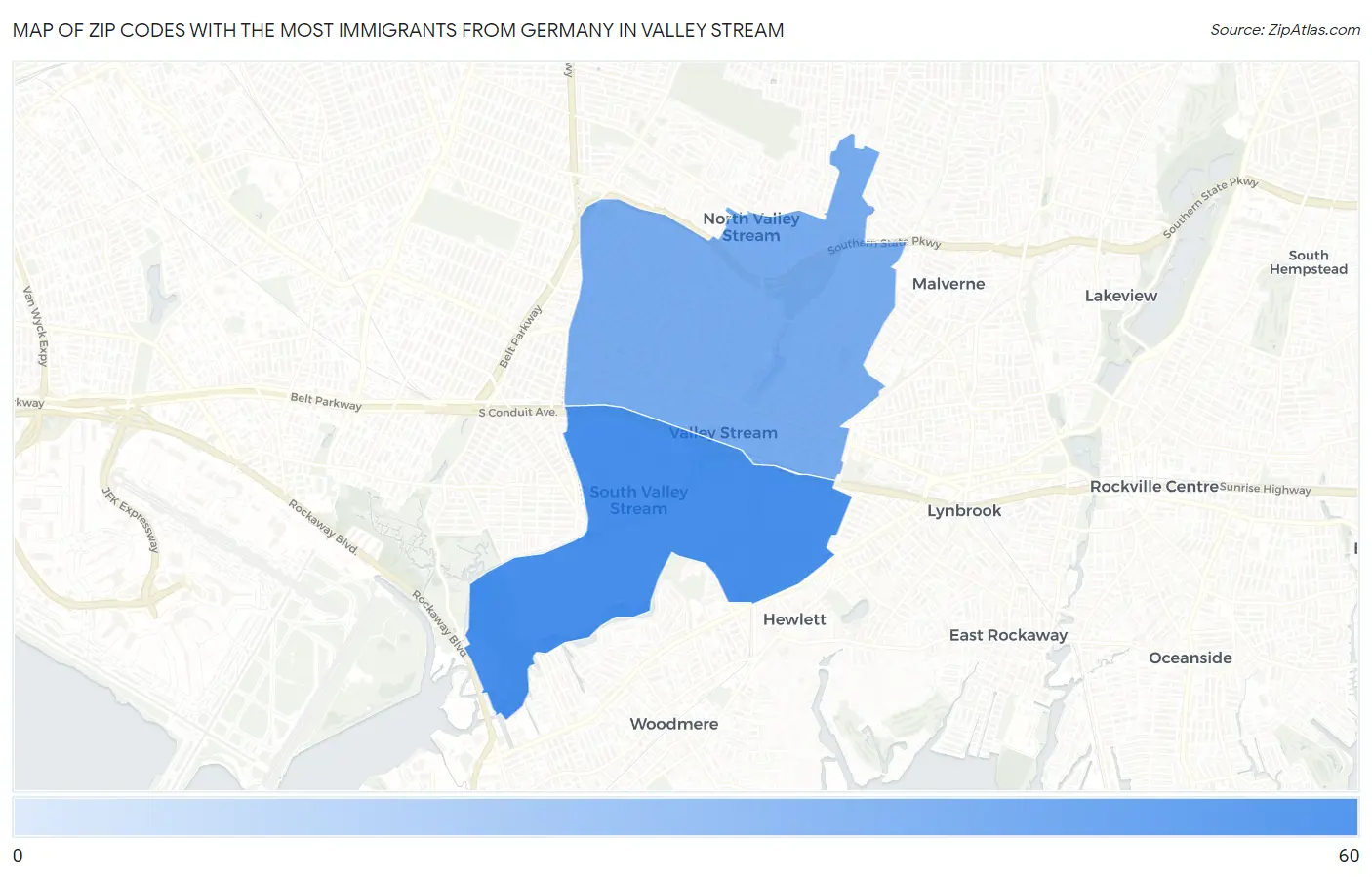 Zip Codes with the Most Immigrants from Germany in Valley Stream Map