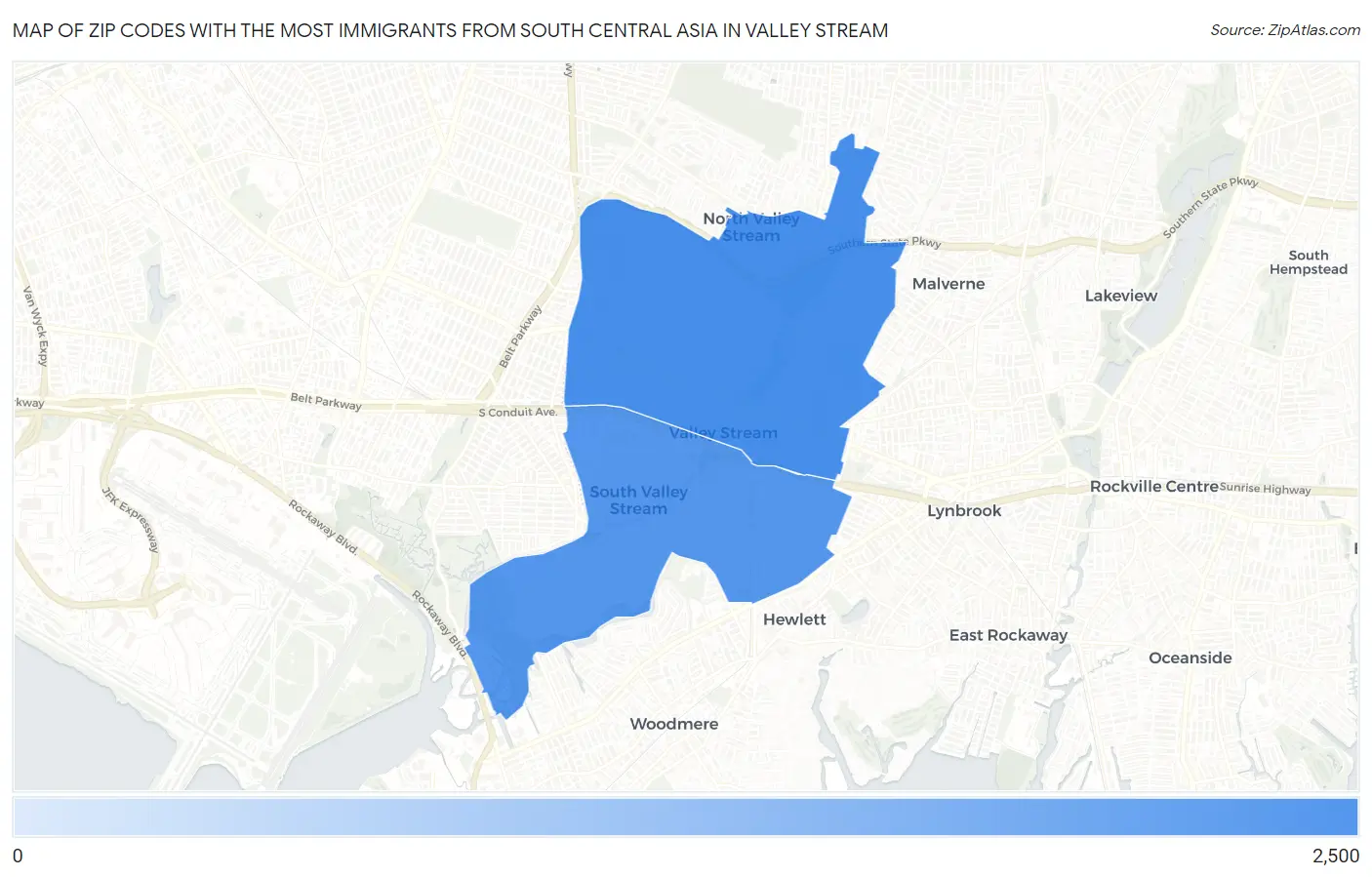 Zip Codes with the Most Immigrants from South Central Asia in Valley Stream Map